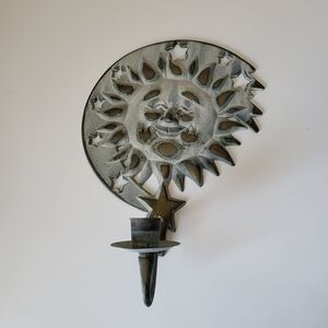 Vintage Verdi Gris Metal Partylite Sun and Stars Wall Sconce Candle Holder